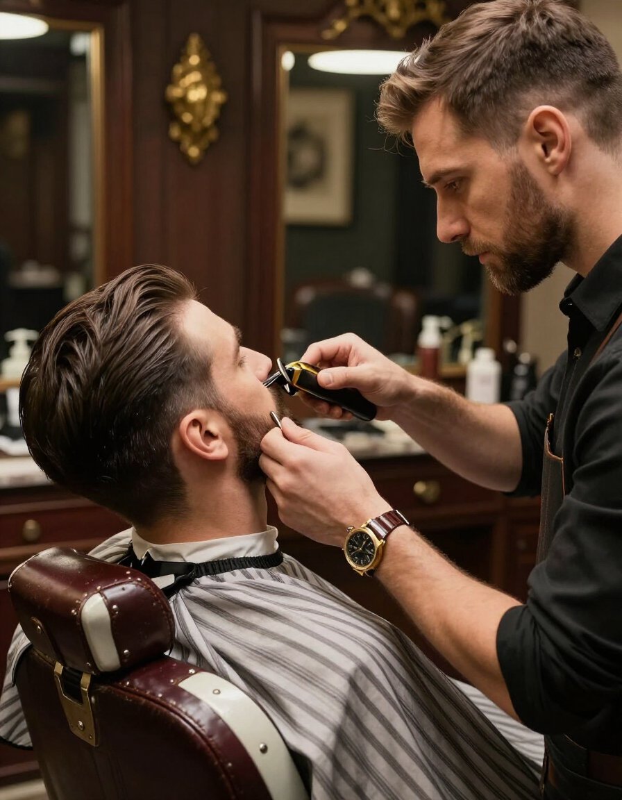 Slicked pompadour style in barber chair