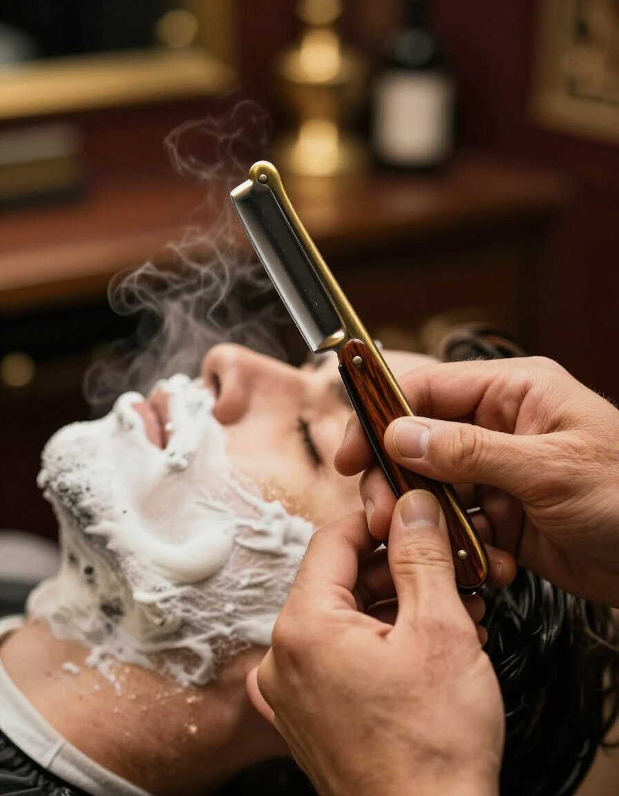 Master barber performing straight razor shave